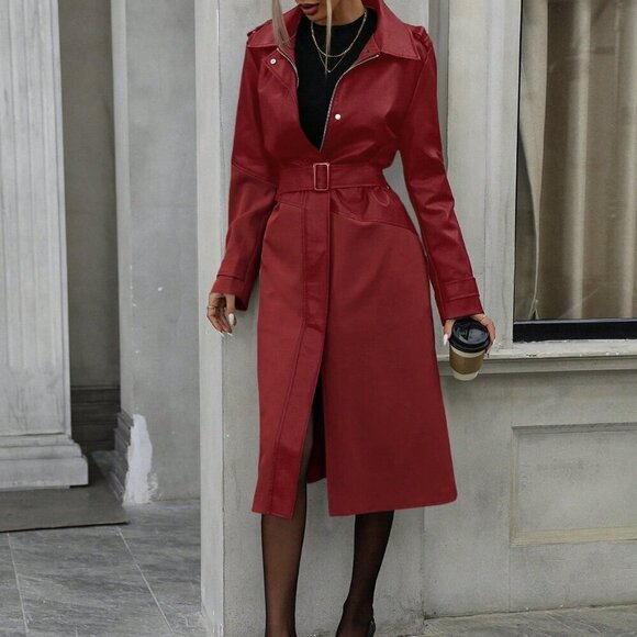 Red Elegant Women's Slim Fit Long Sleeve Mid-LengthTrench Coat - Picture 5 of 7
